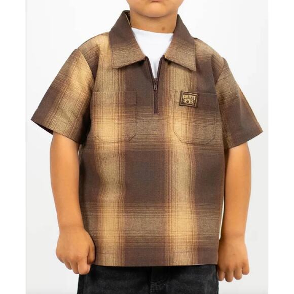 FB County Kids Checker Brown Half Zip Short Sleeve Flannel Shirt Size 6 S - Picture 1 of 8